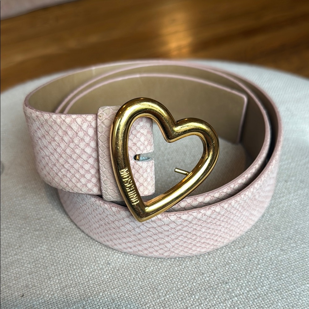 Talbots x Moschino Gold Heart Buckle Pink Snake Suede Belt Women's